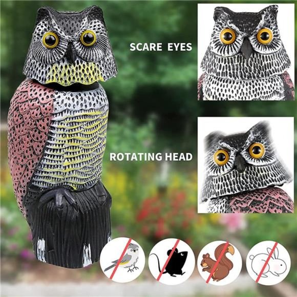 Owl Decoy to Scare Birds w/ Rotating Head, Waterproof Owl Scarecrow Bird Control - Picture 7 of 7